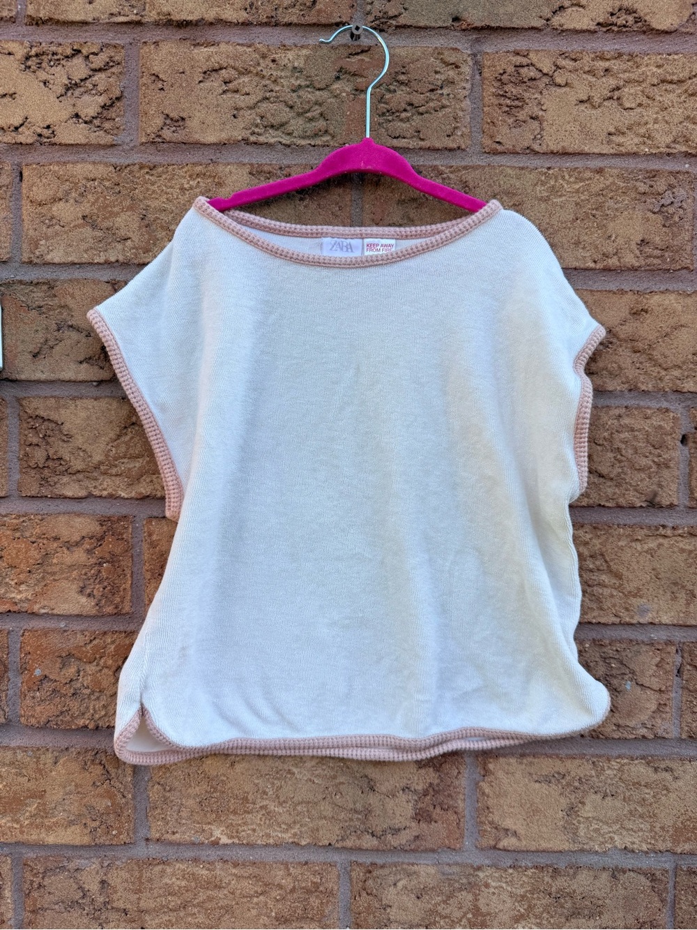 🌿4/$25 • Zara Cream Terrycloth Cap-Sleeve Top with Pink Trim